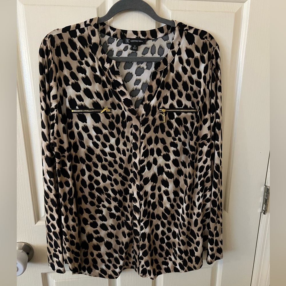 INC International Concepts Black and Brown Leopard Print Long Sleeve Blouse
